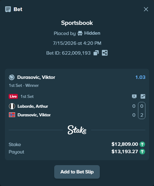 Bet slip: Laborde, Arthur - Durasovic, Viktor, $12,821.81 stake at 1.03 odds, placed by Hidden