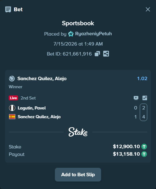 Bet slip: Lagutin, Pavel - Sanchez Quilez, Alejo, $12,913.00 stake at 1.02 odds, placed by RyazheniyPetuh