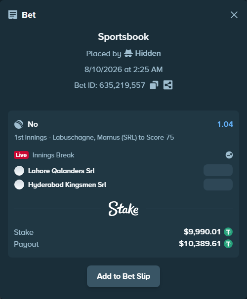 Bet slip: Lahore Qalandars SRL - Hyderabad Kingsmen Srl, $10,000.00 stake at 1.04 odds, placed by Hidden