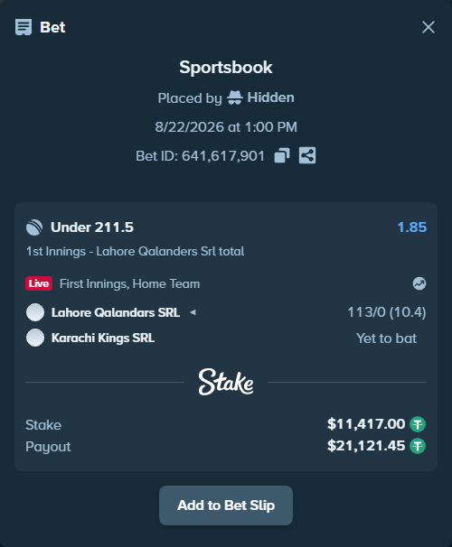 Bet slip: Lahore Qalandars SRL - Karachi Kings SRL, $11,417.00 stake at 1.85 odds, placed by Hidden