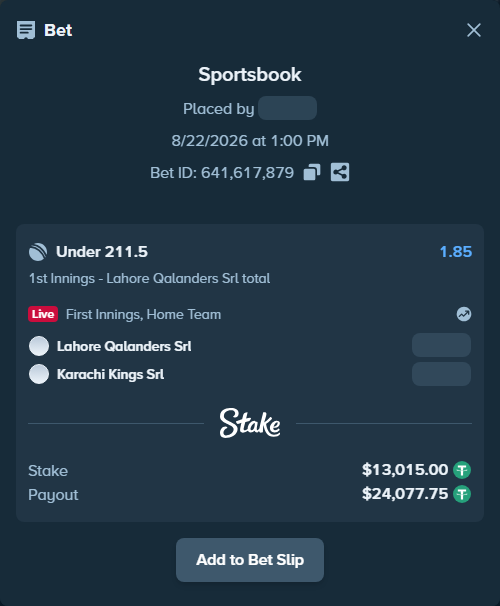 Bet slip: Lahore Qalandars SRL - Karachi Kings SRL, $13,015.00 stake at 1.85 odds, placed by riaggo1
