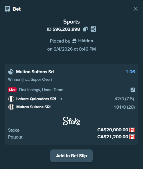 Bet slip: Lahore Qalandars SRL - Multan Sultans SRL, $14,800.00 stake at 1.06 odds, placed by Hidden