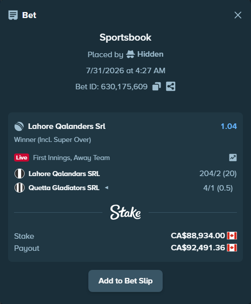 Bet slip: Lahore Qalandars SRL - Quetta Gladiators SRL, $65,811.16 stake at 1.04 odds, placed by Hidden
