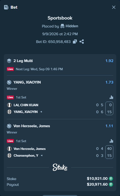 Bet slip: LAI, CHIN KUAN - YANG, XIAOYIN, $10,921.00 stake at 1.73 odds, placed by Hidden