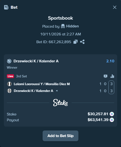 Bet slip: Lalami Laaroussi Y / Mansilla Diez M - Drzewiecki K / Kalender A, $30,126.15 stake at 2.10 odds, placed by Prettylfacko98