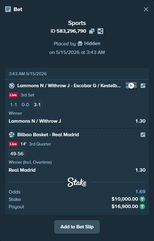Bet slip: Lammons N / Withrow J - Escobar G / Kestelboim M, $10,000.00 stake at 1.30 odds, placed by Hidden