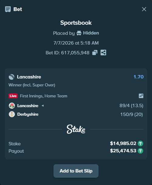 Bet slip: Lancashire - Derbyshire, $15,000.00 stake at 1.70 odds, placed by Riot121