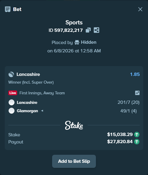 Bet slip: Lancashire - Glamorgan, $15,038.29 stake at 1.85 odds, placed by Hidden