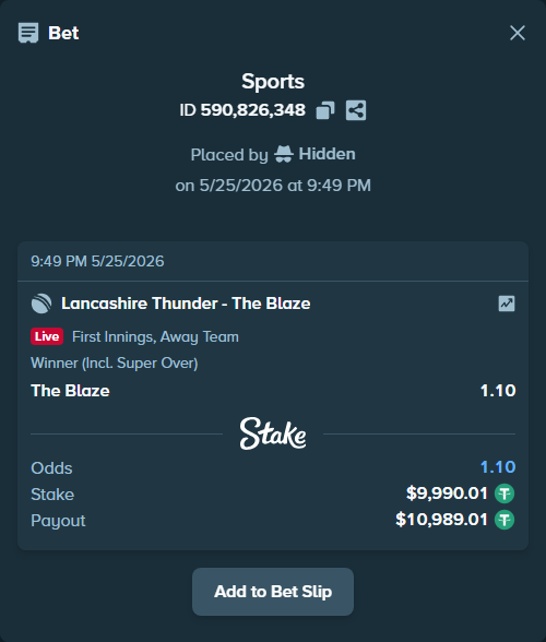 Bet slip: Lancashire Thunder - The Blaze, $10,000.00 stake at 1.10 odds, placed by Hidden