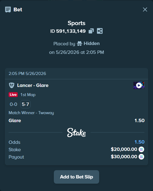 Bet slip: Lancer - Glare, $17,398.17 stake at 1.50 odds, placed by Hidden