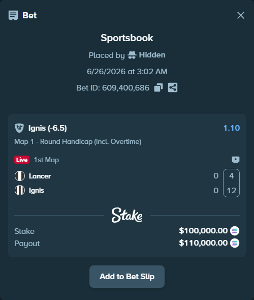 Bet slip: Lancer - Ignis, $117,348.18 stake at 1.10 odds, placed by Hidden