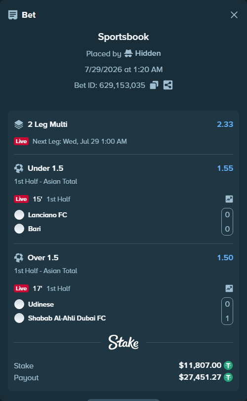Bet slip: Lanciano FC - Bari, $11,818.81 stake at 1.55 odds, placed by Hidden