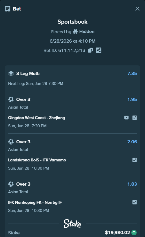 Bet slip: Landskrona BoIS - IFK Varnamo, $20,000.00 stake at 2.06 odds, placed by Hidden