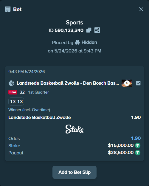 Bet slip: Landstede Hammers - Heroes Den Bosch, $15,000.00 stake at 1.90 odds, placed by Hidden