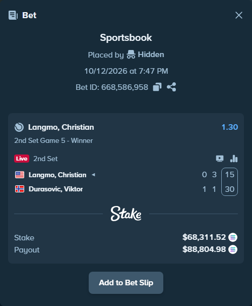 Bet slip: Langmo, Christian - Durasovic, Viktor, $68,243.06 stake at 1.30 odds, placed by Prettylfacko98