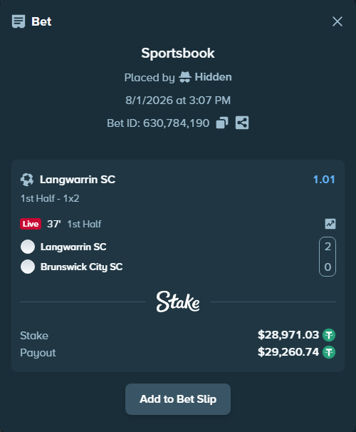 Bet slip: Langwarrin SC - Brunswick City SC, $29,000.00 stake at 1.01 odds, placed by Hidden