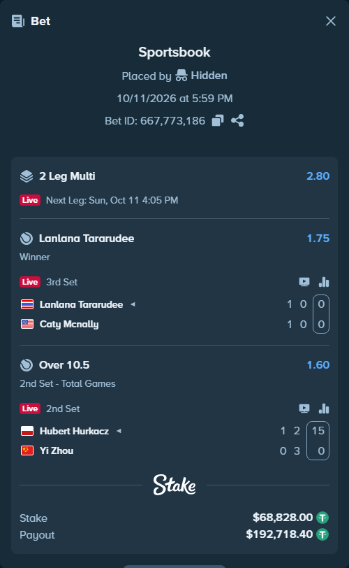 Bet slip: Lanlana Tararudee - Caty Mcnally, $68,896.83 stake at 1.75 odds, placed by Hidden
