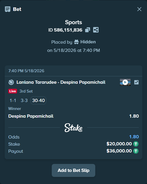 Bet slip: Lanlana Tararudee - Despina Papamichail, $20,000.00 stake at 1.80 odds, placed by Hidden