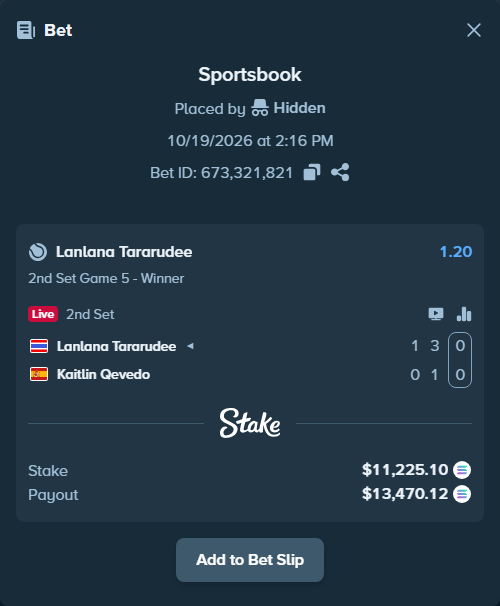 Bet slip: Lanlana Tararudee - Kaitlin Qevedo, $11,274.29 stake at 1.20 odds, placed by Hidden