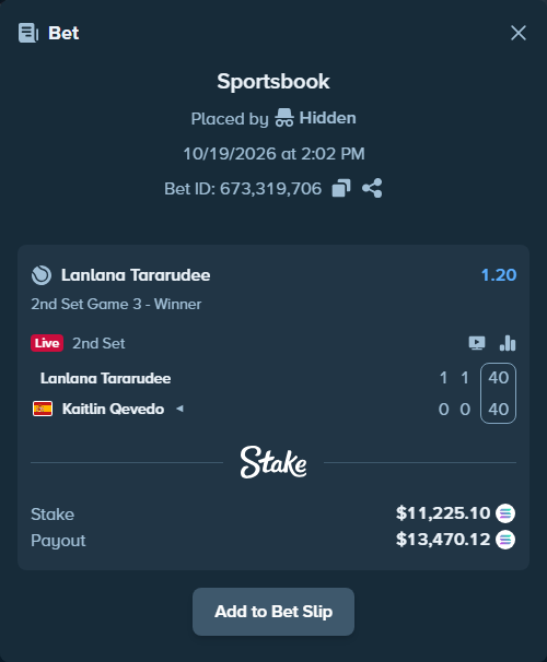 Bet slip: Lanlana Tararudee - Kaitlin Qevedo, $11,277.85 stake at 1.20 odds, placed by Hidden