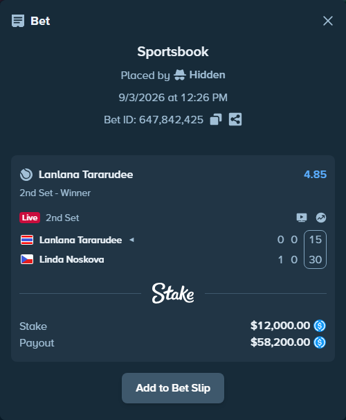 Bet slip: Lanlana Tararudee - Linda Noskova, $12,000.00 stake at 4.85 odds, placed by Hidden