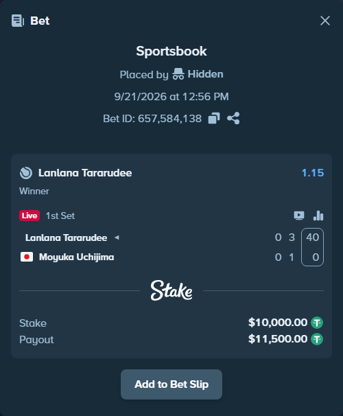 Bet slip: Lanlana Tararudee - Moyuka Uchijima, $10,000.00 stake at 1.15 odds, placed by Hidden