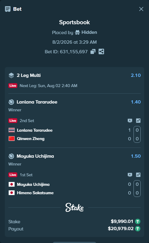Bet slip: Lanlana Tararudee - Qinwen Zheng, $10,000.00 stake at 1.40 odds, placed by Hidden