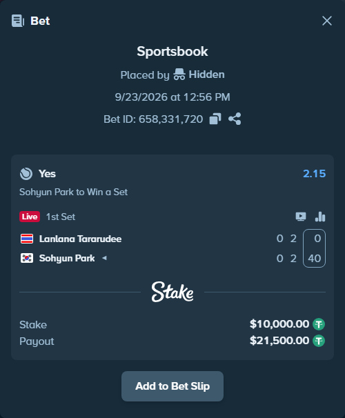 Bet slip: Lanlana Tararudee - Sohyun Park, $10,000.00 stake at 2.15 odds, placed by Hidden