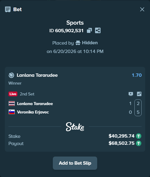 Bet slip: Lanlana Tararudee - Veronika Erjavec, $40,336.03 stake at 1.70 odds, placed by Hidden