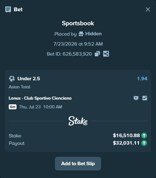 Bet slip: Lanus - Cienciano, $16,527.39 stake at 1.94 odds, placed by Hidden