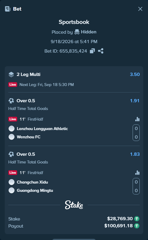 Bet slip: Lanzhou Longyuan Athletic - Wenzhou Professional FC, $28,798.06 stake at 1.91 odds, placed by Hidden