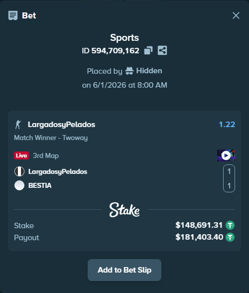 Bet slip: LargadosyPelados - BESTIA, $148,840.00 stake at 1.22 odds, placed by Hidden
