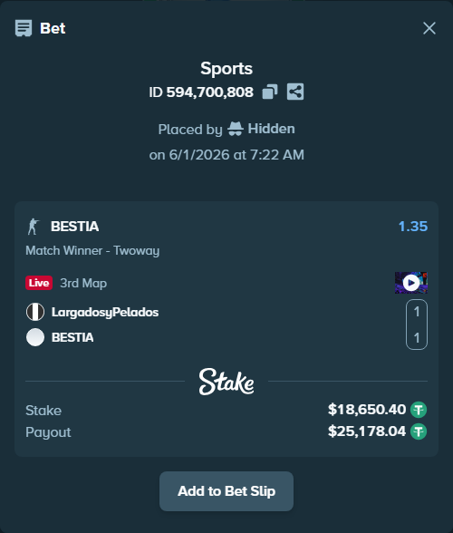 Bet slip: LargadosyPelados - BESTIA, $18,669.05 stake at 1.35 odds, placed by Hidden