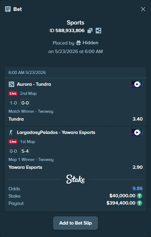 Bet slip: LargadosyPelados - Yawara Esports, $40,040.00 stake at 2.90 odds, placed by Hidden