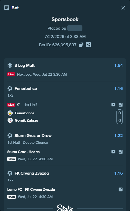 Bet slip: Larne FC - FK Crvena Zvezda Belgrade, $18,000.00 stake at 1.16 odds, placed by Jephthah2