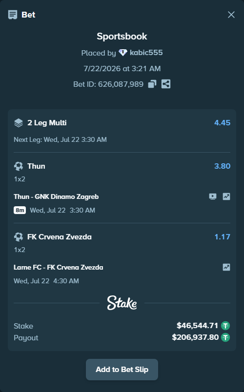 Bet slip: Larne FC - FK Crvena Zvezda Belgrade, $46,591.26 stake at 1.17 odds, placed by kabic555