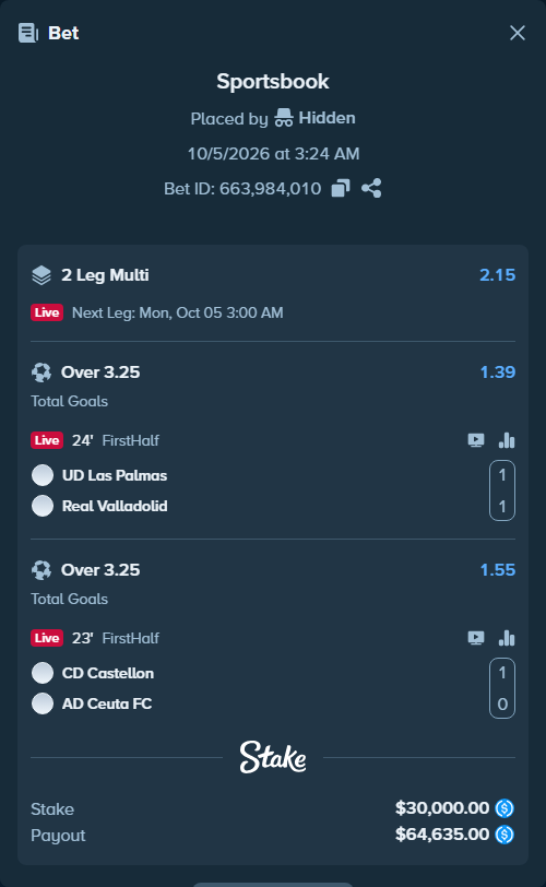 Bet slip: Las Palmas - Real Valladolid, $30,000.00 stake at 1.39 odds, placed by Hidden