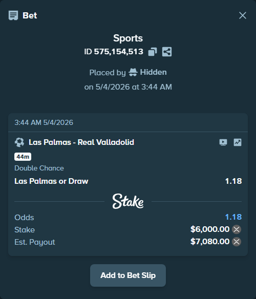 Bet slip: Las Palmas - Real Valladolid, $4,947.99 stake at 1.18 odds, placed by Hidden