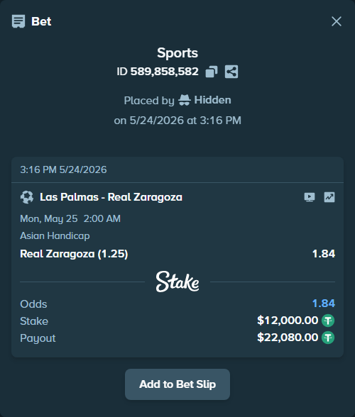 Bet slip: Las Palmas - Real Zaragoza, $12,000.00 stake at 1.84 odds, placed by Hidden