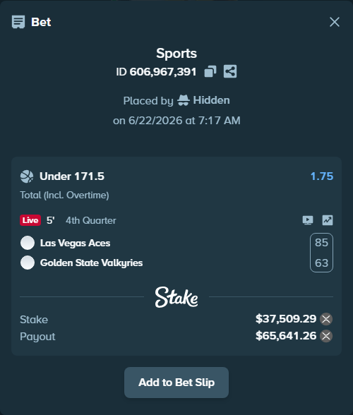 Bet slip: Las Vegas Aces - Golden State Valkyries, $34,777.33 stake at 1.75 odds, placed by Hidden