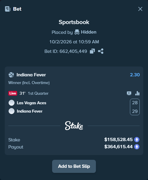 Bet slip: Las Vegas Aces - Indiana Fever, $162,282.45 stake at 2.30 odds, placed by gemcabal