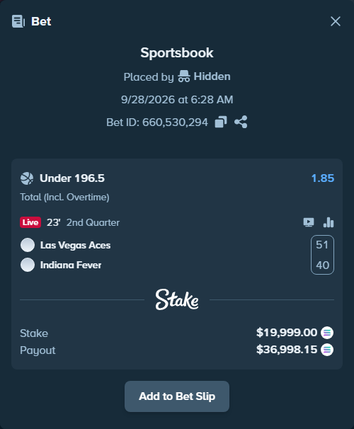 Bet slip: Las Vegas Aces - Indiana Fever, $19,529.01 stake at 1.85 odds, placed by Hidden