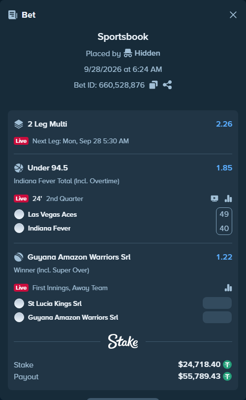 Bet slip: Las Vegas Aces - Indiana Fever, $24,718.40 stake at 1.85 odds, placed by Hidden