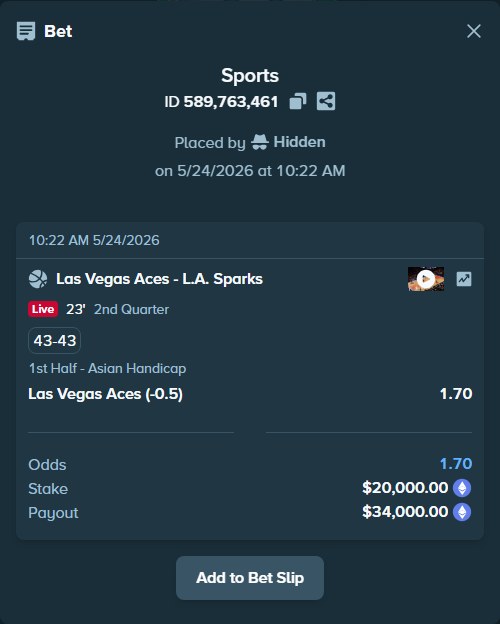 Bet slip: Las Vegas Aces - Los Angeles Sparks, $16,396.26 stake at 1.70 odds, placed by azosuka