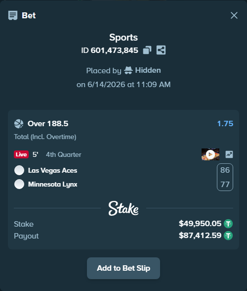 Bet slip: Las Vegas Aces - Minnesota Lynx, $50,000.00 stake at 1.75 odds, placed by Hidden