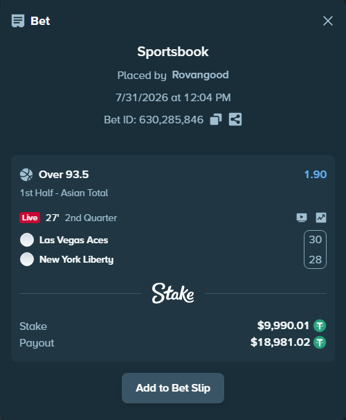 Bet slip: Las Vegas Aces - New York Liberty, $10,000.00 stake at 1.90 odds, placed by Rovangood