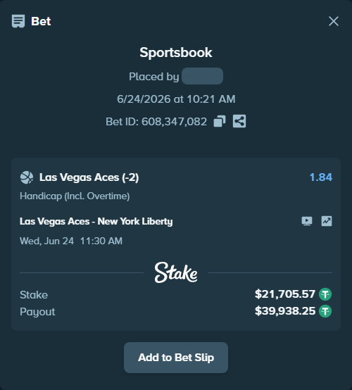 Bet slip: Las Vegas Aces - New York Liberty, $21,727.28 stake at 1.84 odds, placed by wills888