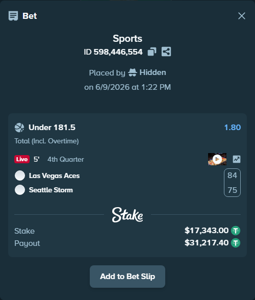 Bet slip: Las Vegas Aces - Seattle Storm, $17,343.00 stake at 1.80 odds, placed by Hidden