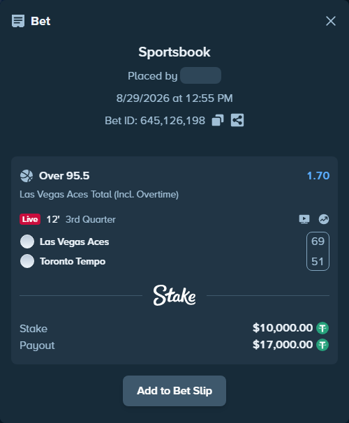 Bet slip: Las Vegas Aces - Toronto Tempo, $10,000.00 stake at 1.70 odds, placed by Rovangood
