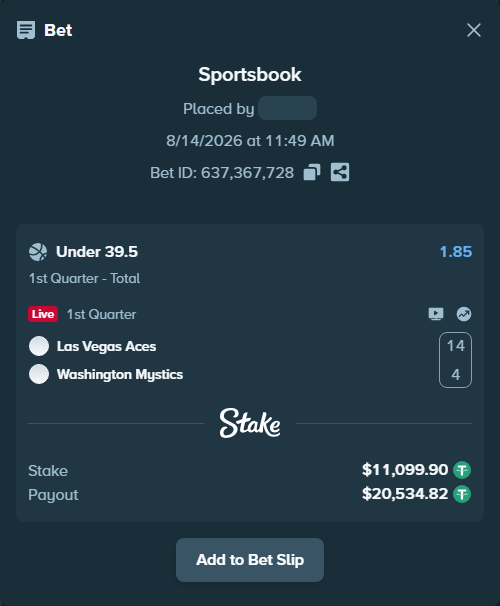 Bet slip: Las Vegas Aces - Washington Mystics, $11,111.00 stake at 1.85 odds, placed by Rovangood